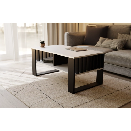 Stolik kawowy ST14 BIA z lamelami Ława Biały/Czarny z półką loft